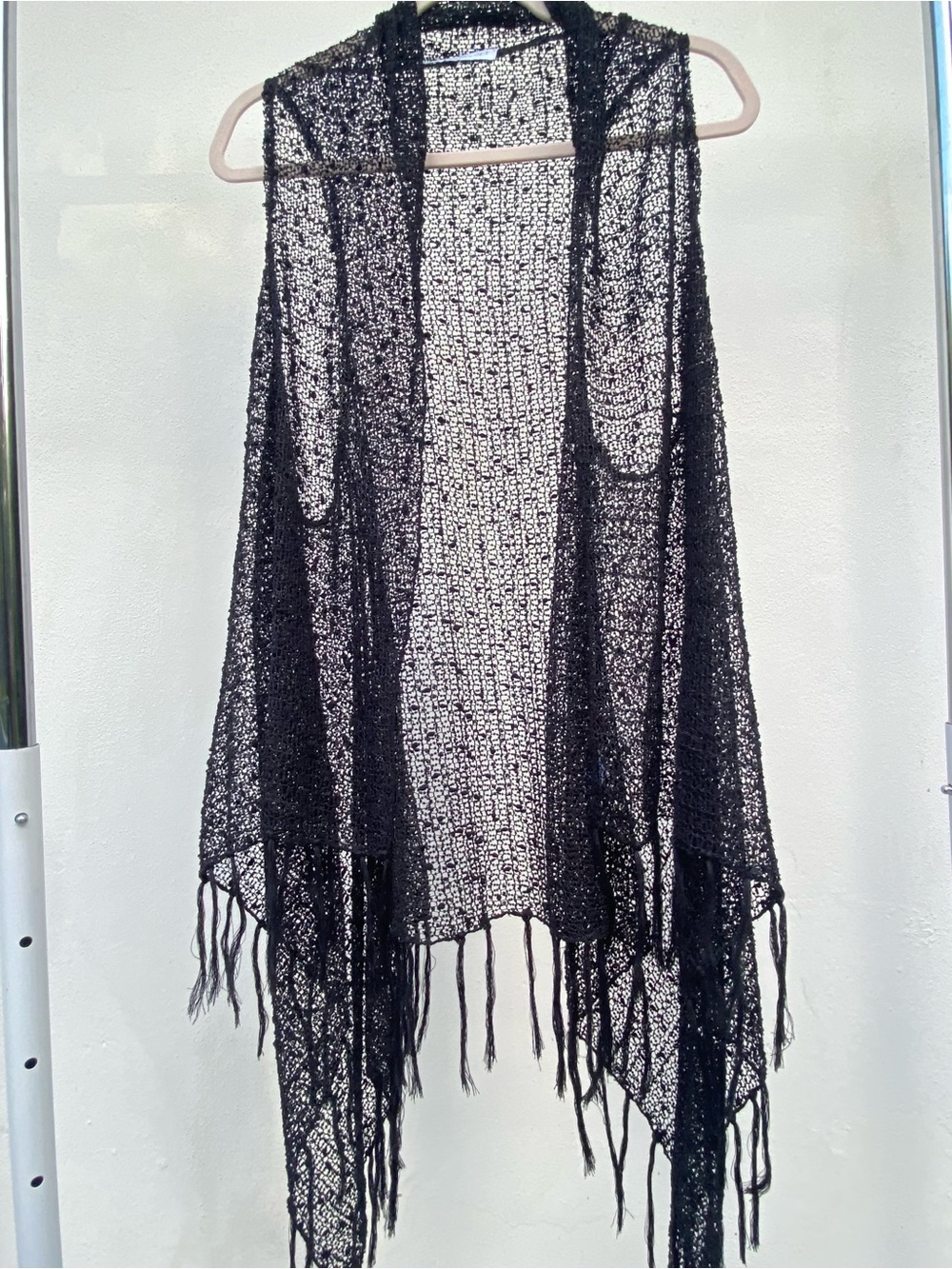 Y2K Whimsygoth Sheer Black Sequined Boucle Knit Fringe Vest One Size